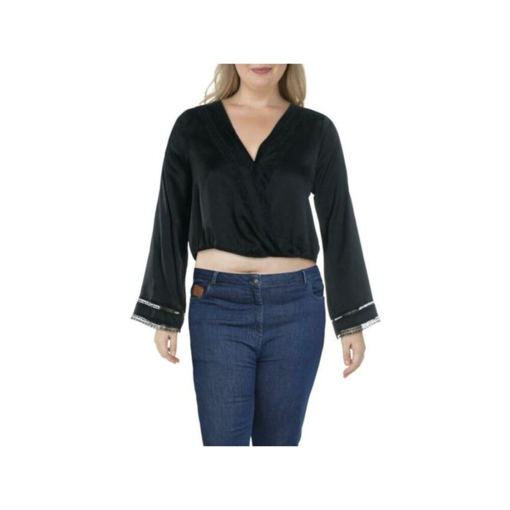 GYPSIES & MOONDUST Womens Top Faux Wrap Black Lace Bell Sleeve V Neck Juniors M